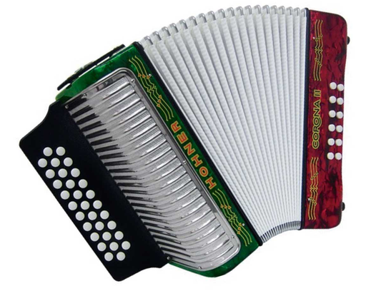 ACORDEON DIATONICO HOHNER''CORONA II'' FA-SIB-MIB,31 BOTONES Y 12 BAJOS,TRICOLOR CON FUNDA A5649