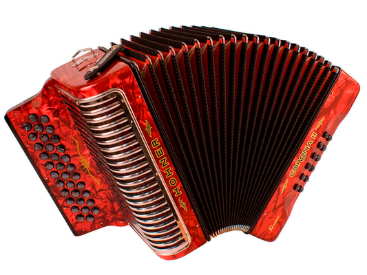 ACORDEON DIATONICO HOHNER ''CORONA II XTREME'', SOL-DO-FA, 34 BOTONES Y 12 BAJOS, ROJO CON FUNDA A5424
