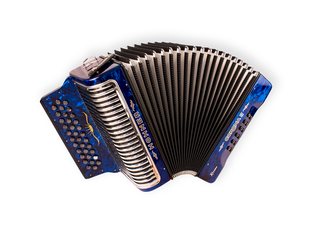 ACORDEON DIATONICO HOHNER CORONA II XTREME, FA-SIB-MIB, 34 BOTONES Y 12 BAJOS, AZUL MARINO CON FDA A5441