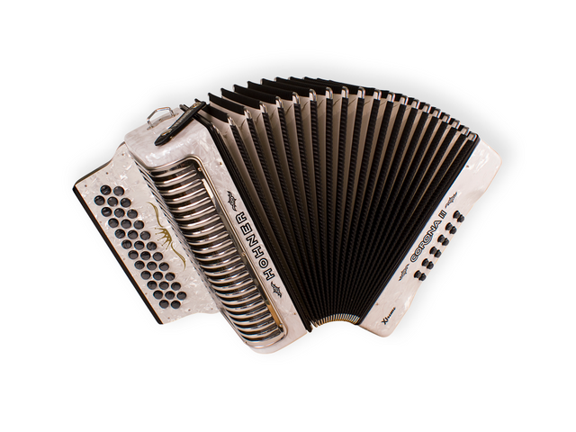 ACORDEON DIATONICO HOHNER ''CORONA II XTREME'', FA-SIB-MIB, 34 BOTONES Y 12 BAJOS, BLANCO CON FUNDA A5443