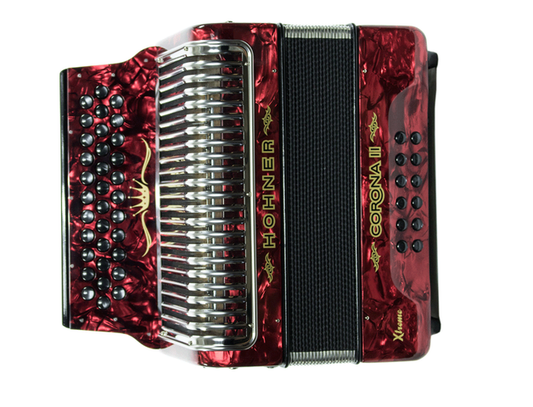 ACORDEON DIATONICO HOHNER ''CORONA II XTREME'', FA-SIB-MIB, 34 BOTONES Y 12 BAJOS, ROJO CON FUNDA A5444