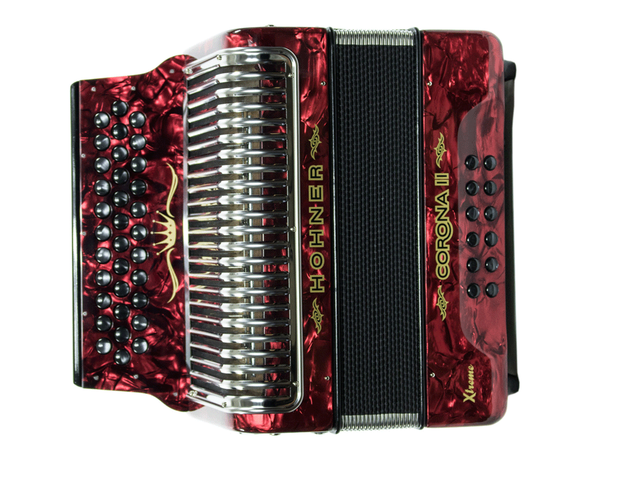 ACORDEON DIATONICO HOHNER ''CORONA II XTREME'', FA-SIB-MIB, 34 BOTONES Y 12 BAJOS, ROJO CON FUNDA A5444