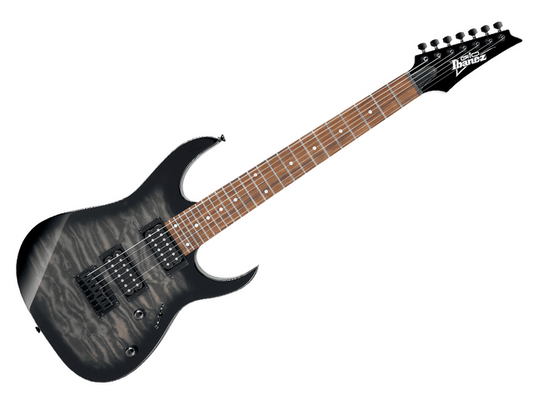 GUITARRA ELECTRICA IBANEZ ''GIO RG'' DE 7 CUERDAS NEGRO TRANSPARENTE SOMBREADO GRG7221QA-TKS