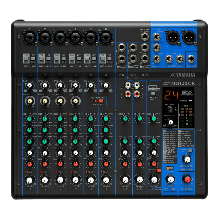 Mezcladora de Audio | 12 Canales | 6 Entradas de Micrófono/línea | 2 Entradas Estéreo | Efectos Integrados | Alimentación Phantom | USB | Con Perillas de Nivel ,G12XUK