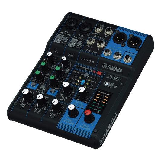 Mezcladora de Audio | 6 Canales | 2 entradas de micro/6 de línea (2 mono + 2 estéreo) | Efectos Integrados | Alimentación Phantom MG-06X
