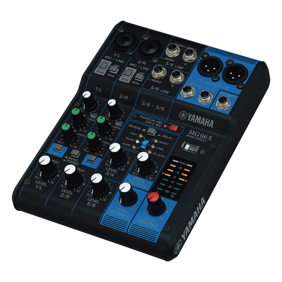 Mezcladora de Audio | 6 Canales | 2 entradas de micro/6 de línea (2 mono + 2 estéreo) | Efectos Integrados | Alimentación Phantom MG-06X