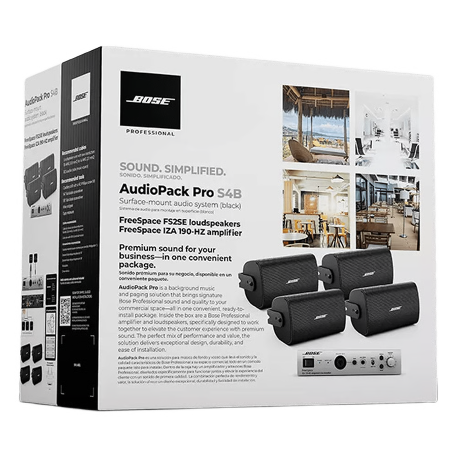 Kit de Audio Freespace | 4 Altavoces de Pared + Amplificador | Color Negro | Ideal para Audio Ambiental AUDIO-PACK-PRO-S4