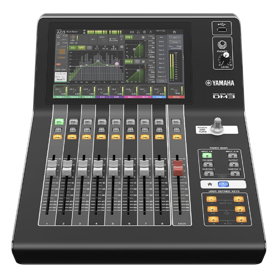 Mezcladora digital para grabación o en vivo 16 x 8 pantalla tactil 9" con puertos Dante incorporado DM3