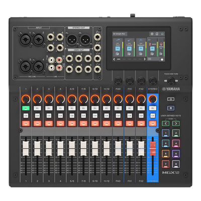 Consola Digital de Audio | 12 Canales | Pantalla Táctil 4.3in | Entradas de Mic/Line y Estéreo | Salidas Análogas y USB | Pads configurables | DSP | Entrada Bluetooth | Grabación Multipista | Color Negro MGX12B