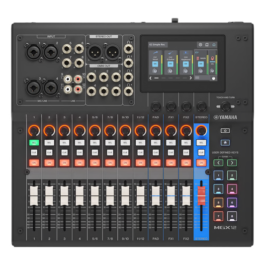 Consola Digital de Audio | 12 Canales | Pantalla Táctil 4.3in | Entradas de Mic/Line y Estéreo | Salidas Análogas y USB | Pads configurables | DSP | Entrada Bluetooth | Grabación Multipista | Color Negro MGX12B