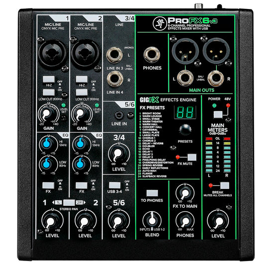 Mezcladora Mackie de efectos profesionales ProFX6v3 de 6 canales con USB