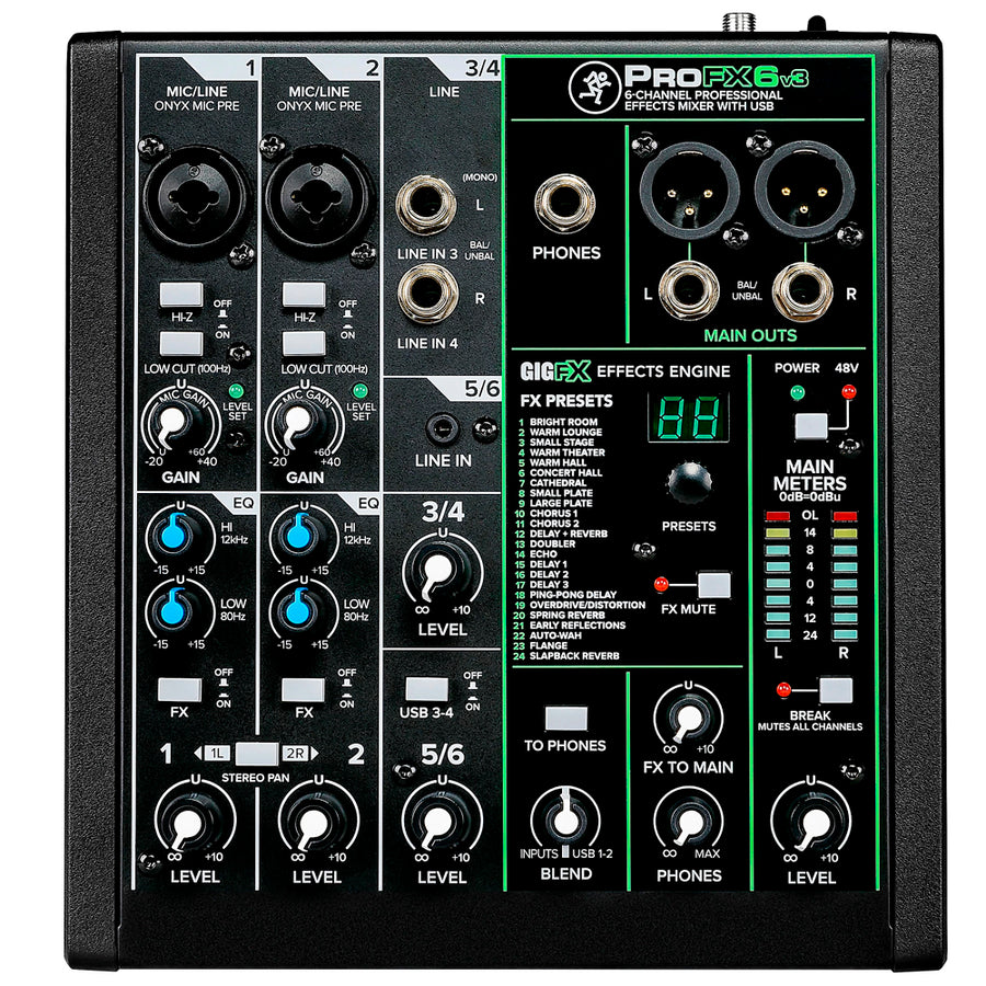 Mezcladora Mackie de efectos profesionales ProFX6v3 de 6 canales con USB