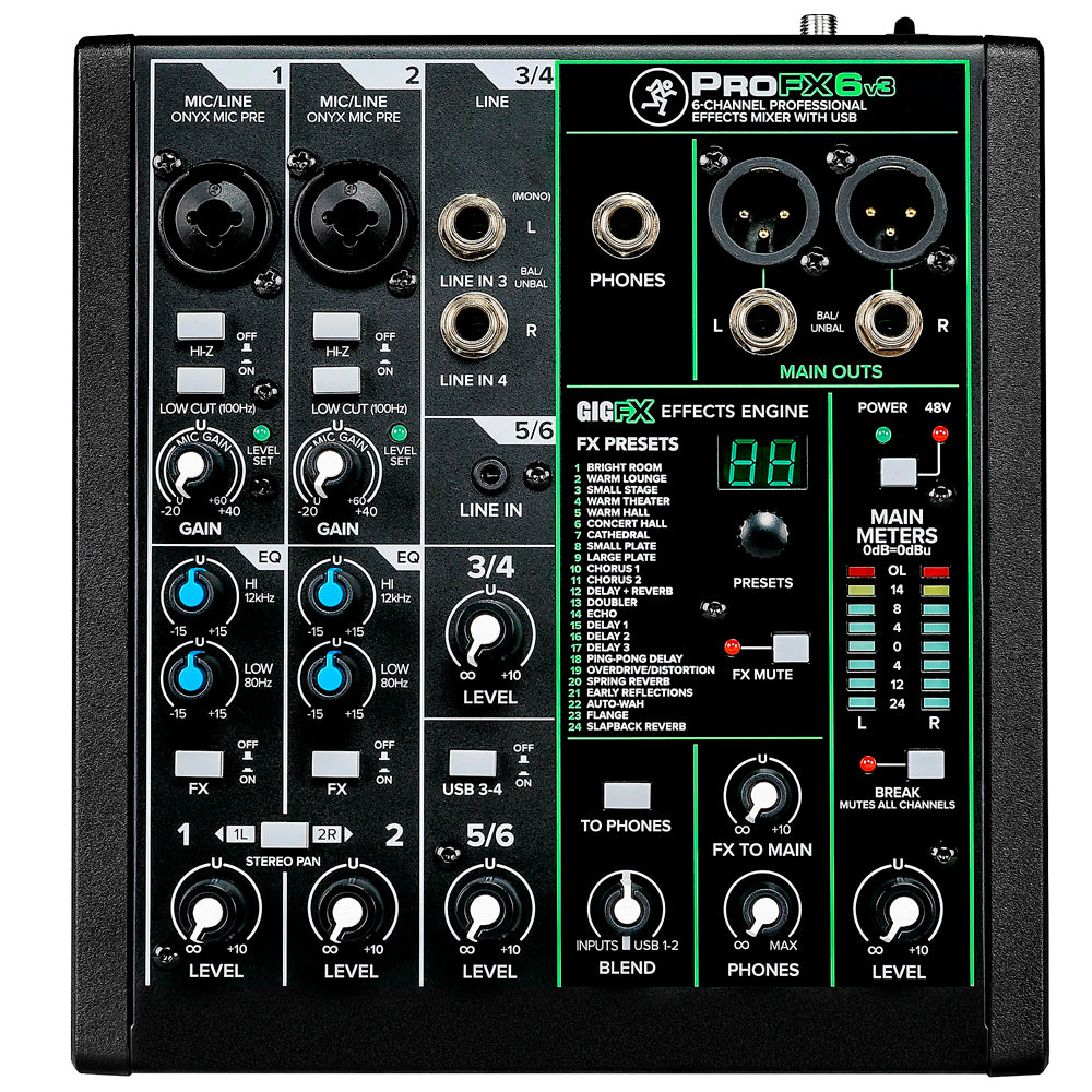 Mezcladora Mackie de efectos profesionales ProFX6v3 de 6 canales con USB