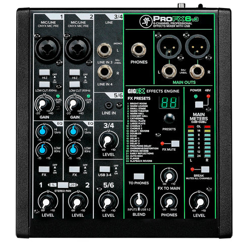 Mezcladora Mackie de efectos profesionales ProFX6v3 de 6 canales con USB
